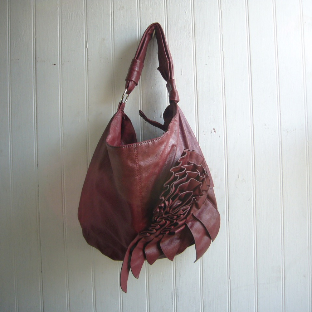 Dark Red Rosette Shoulder Bag Boho Style Flower